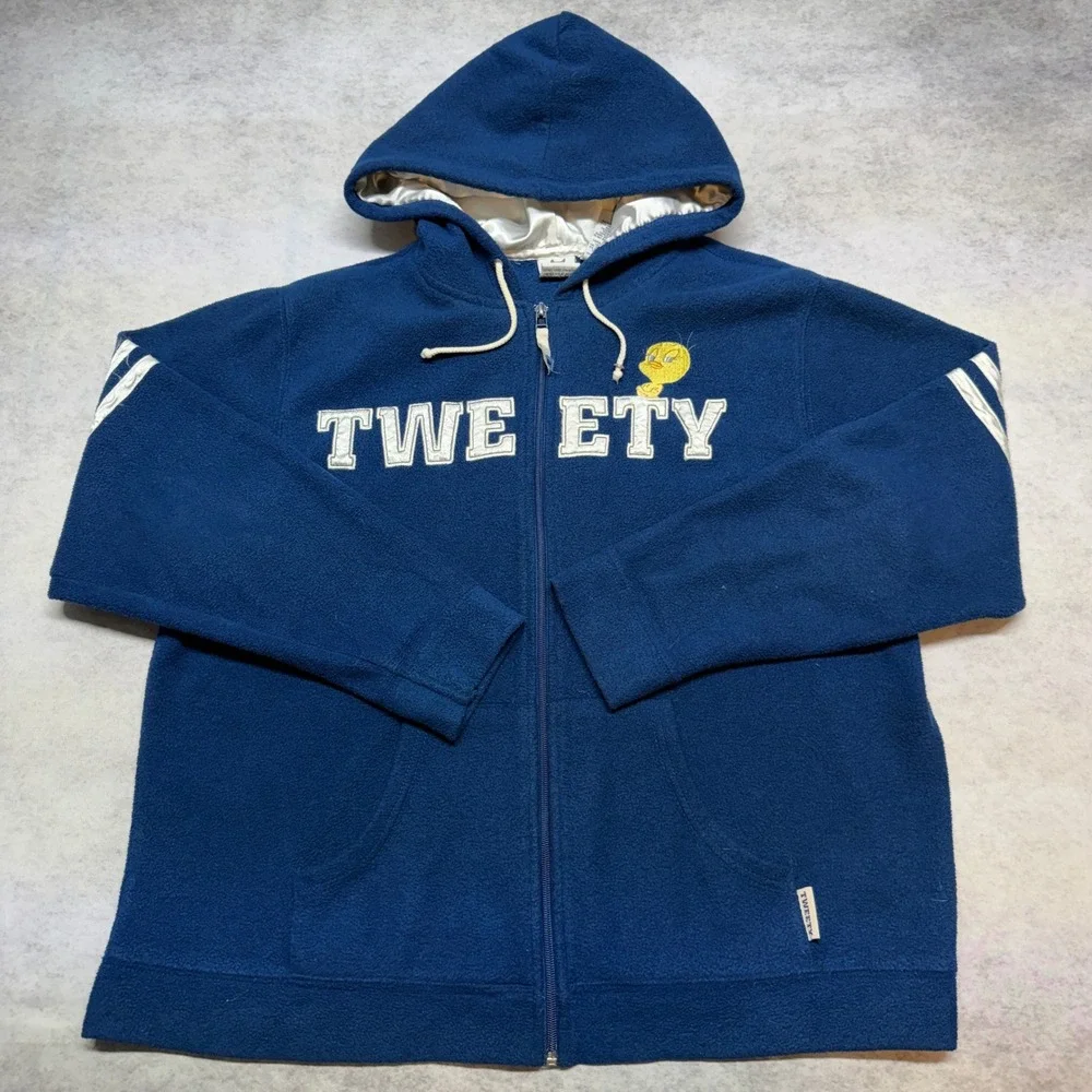 Vintage Looney Tunes Tweety Bird Fleece Zip Up Hoodie Navy Blue Large Y2K - Picture 1 of 7